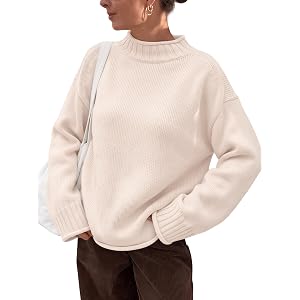 Trendy Queen Womens Oversized Sweaters Mock Neck 2026 Fall Knit Outfits | Winter Chic Fashion, Long Sleeve Tunic, Rolled Edge