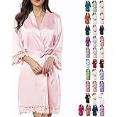 WJing Yi Jia Womens Silk Robe Satin Robe Silky Kimono Lace Bathrobe Wedding Dressing Gown For Bridal Bride Bridesmaid Robes