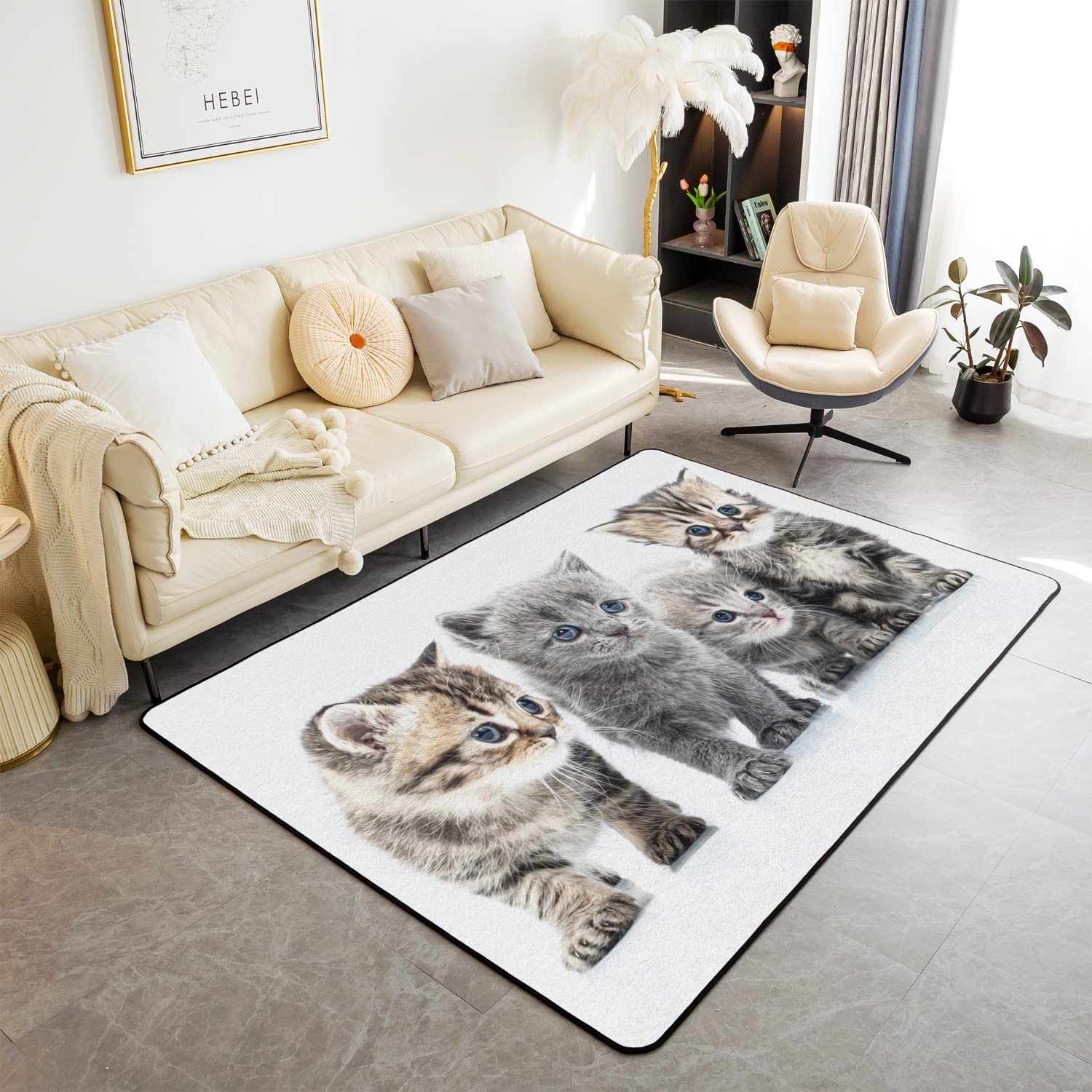 Loussiesd Cat Area Rug Cats Print Accent Rug Home Decor Cute Kitten Grey Cat Lover's Gift Decorative Rugs Indoor Floor Mat 100 * 150cm
