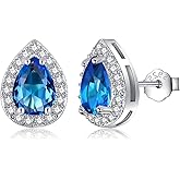 Nupdot Silver Birthstone Teardrop Stud Earrings for Women, Faux Diamond Halo Bridal Earrings | 925 Sterling Silver Post Cubic Zirconia Studs Jewelry for Birthday Christmas Wedding Gifts