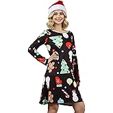 DANAZANA Women's Christmas Printed Tunic Dress Long Sleeve Crewneck Casual Costume Bodycon Dresses S-XXL