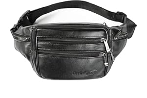 OrrinSports Black Leather Fanny Pack for Men & Women, Fashionable Multi-Pockets Waist Belt Bag for Travel Sports Hiking Cycling Fishing Running