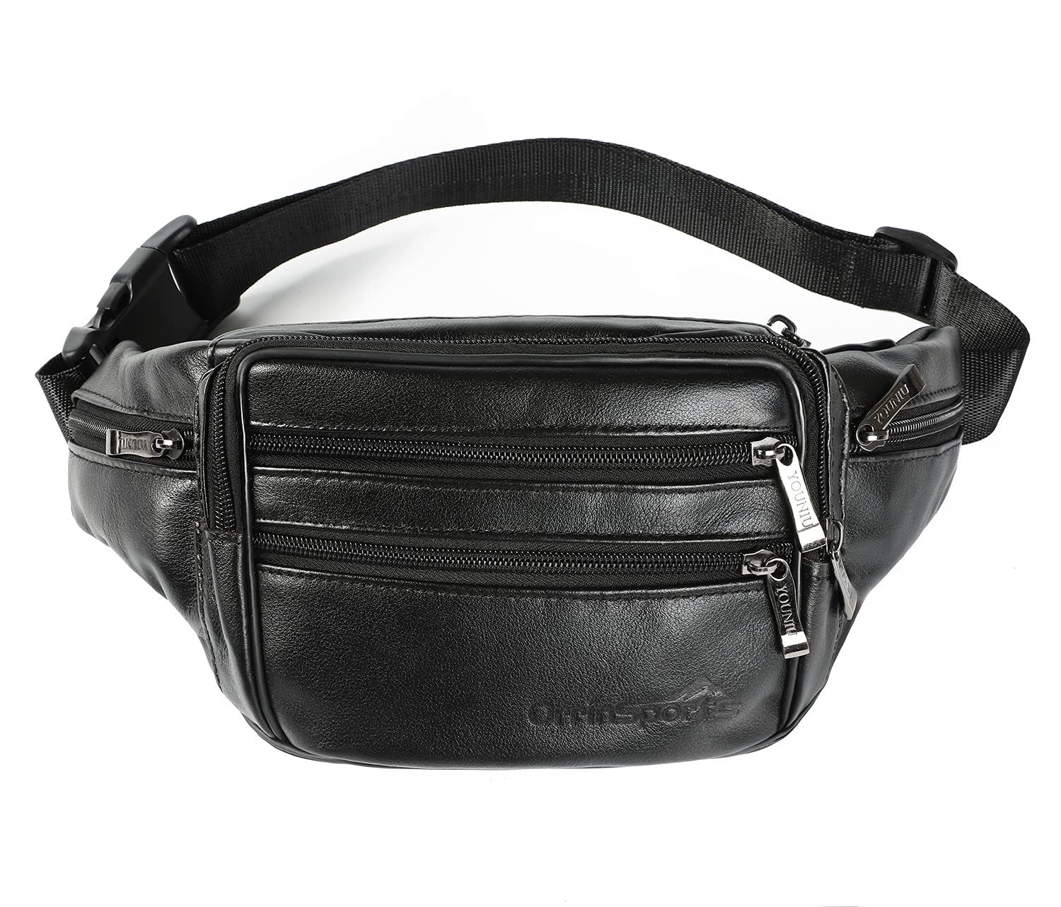 OrrinSports Black Leather Fanny Pack for Men & Women, Fashionable Multi-Pockets Waist Belt Bag for Travel Sports Hiking Cycling Fishing Running