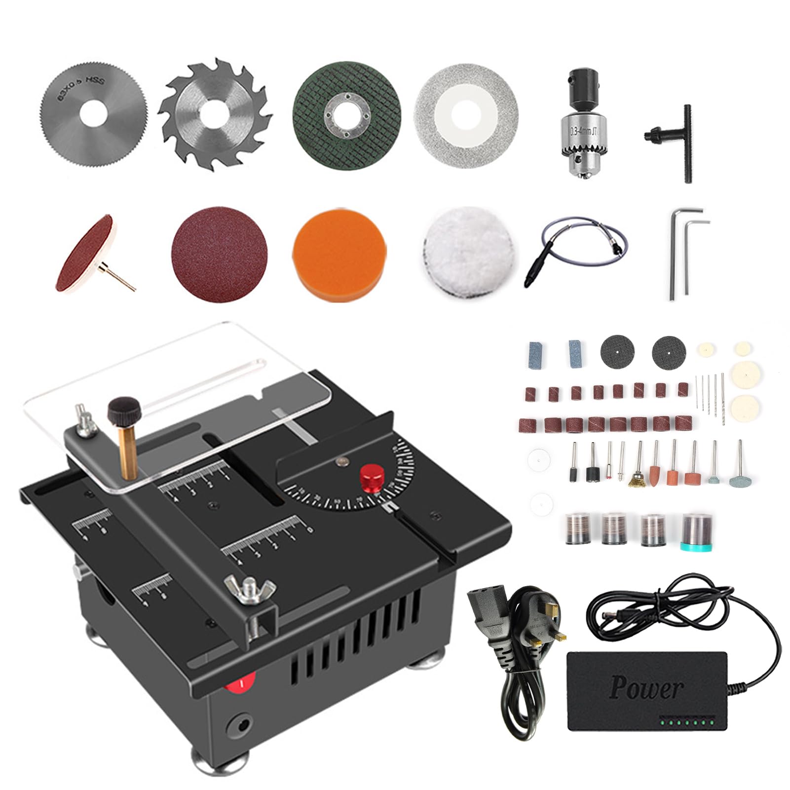 VISLONE 100W Multi-Functional Table Saw Mini Desktop Electric Cutter Speed & Angle Adjustable 16MM Cutting Depth with Blade Flexible Shaft and More Accessories for Wood Plastic Acrylic