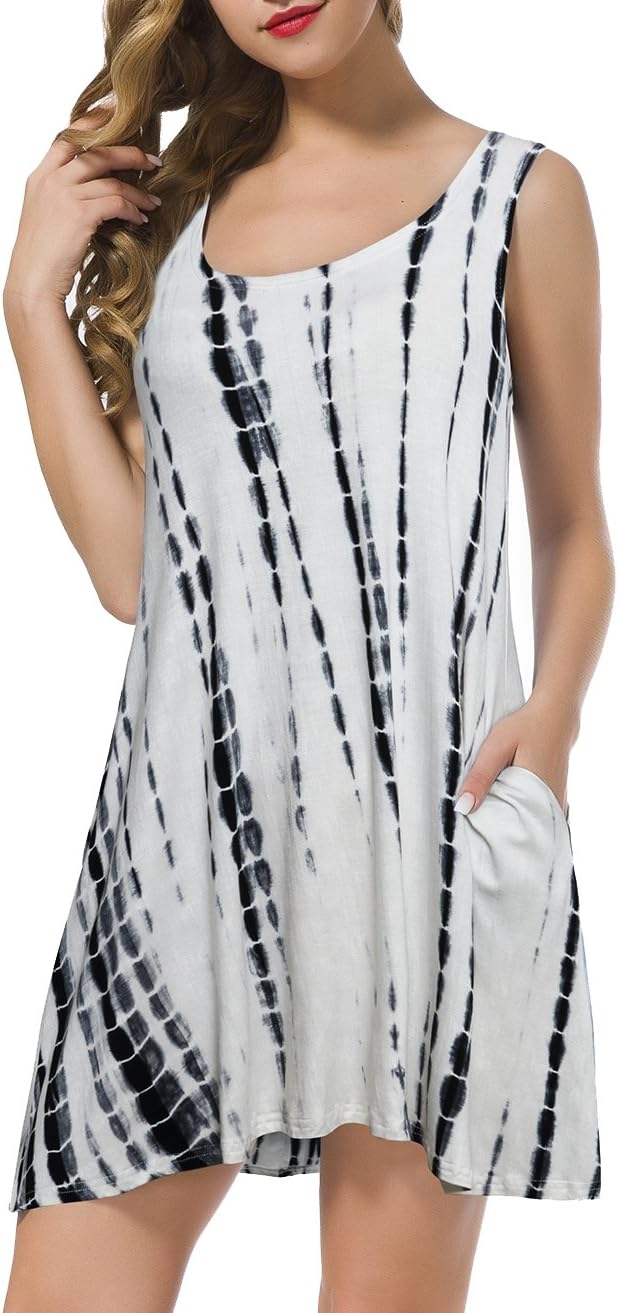 Tunic Tank Dresses for Women, Vinicoco Ladies Scoop Neck Tie Dye Shirt A Line Flowy Hem Beach Sleeveless Summer Top Size M Black
