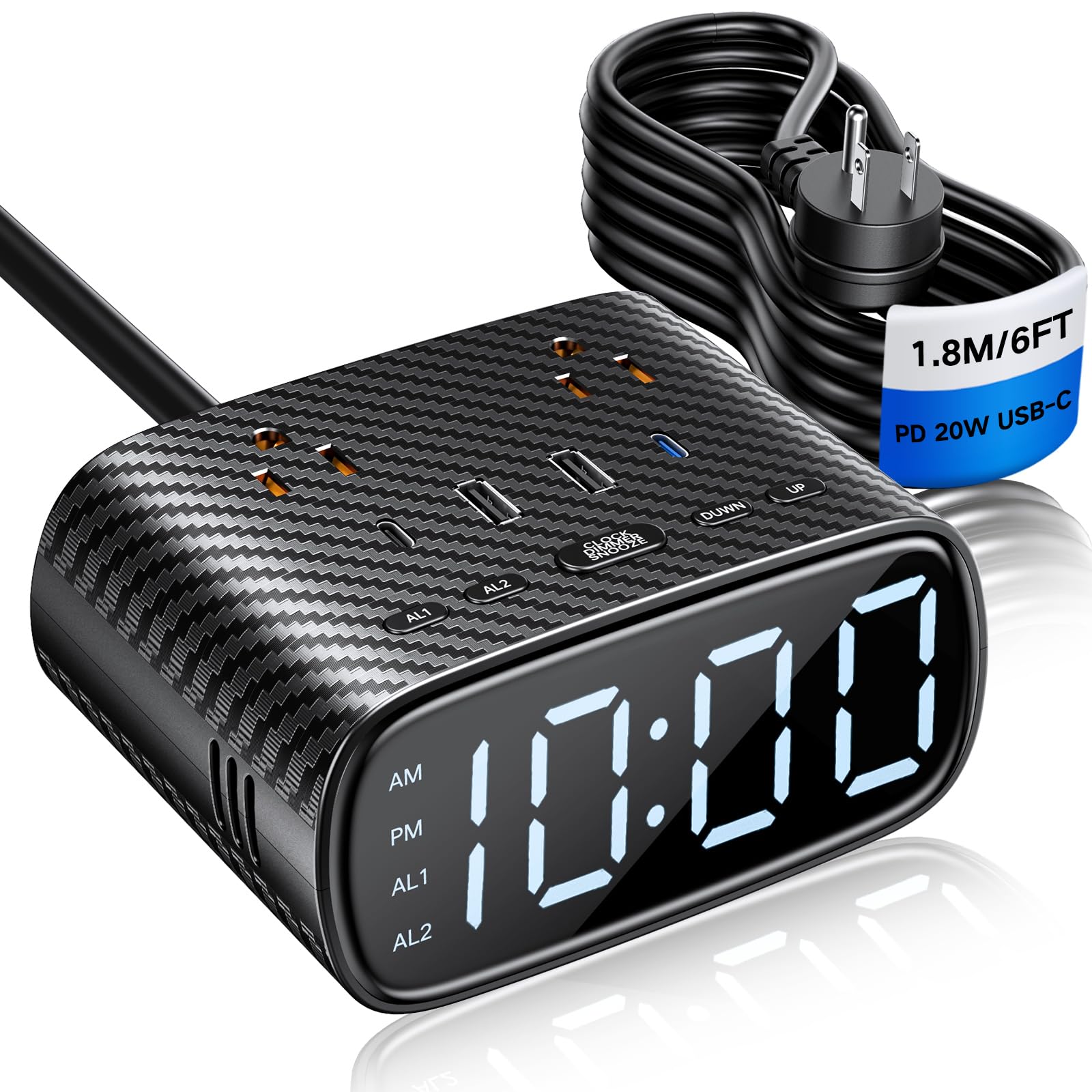 Photo 1 of XBA Digital Alarm Clock with 20W USB C Ports, Dual Alarm Clock Power Strip with 2 AC Outlets, 4 USB Charging Ports, Dimmable Snooze Desk Clock with 6FT Cords for Bedrooms,Travel, Black