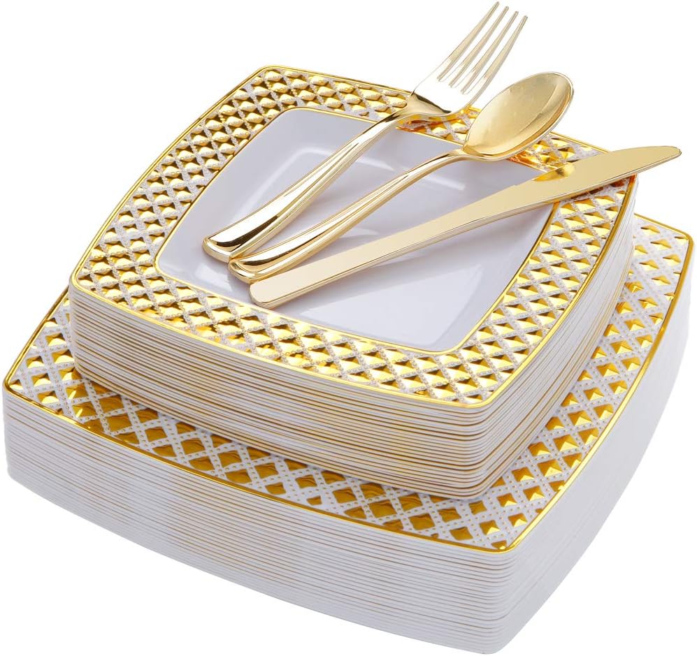 WDF 125PCS Gold Plastic Plates with Disposable Plastic Silverware,Diamond Square Plastic Tableware Include 25 Dinner Plates,25 Salad Plates,25 Forks, 25 Knives, 25 Spoons
