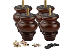 La Vane 3.5 inch / 9cm Wooden Furniture Legs, 4PCS Glaze Soild Wood Spindle Replacement Bun Feet with Pre-Drilled 5/16 Inch M8 Bolt & Mounting Plate & Screws for Couch Table Sofa Cabinet