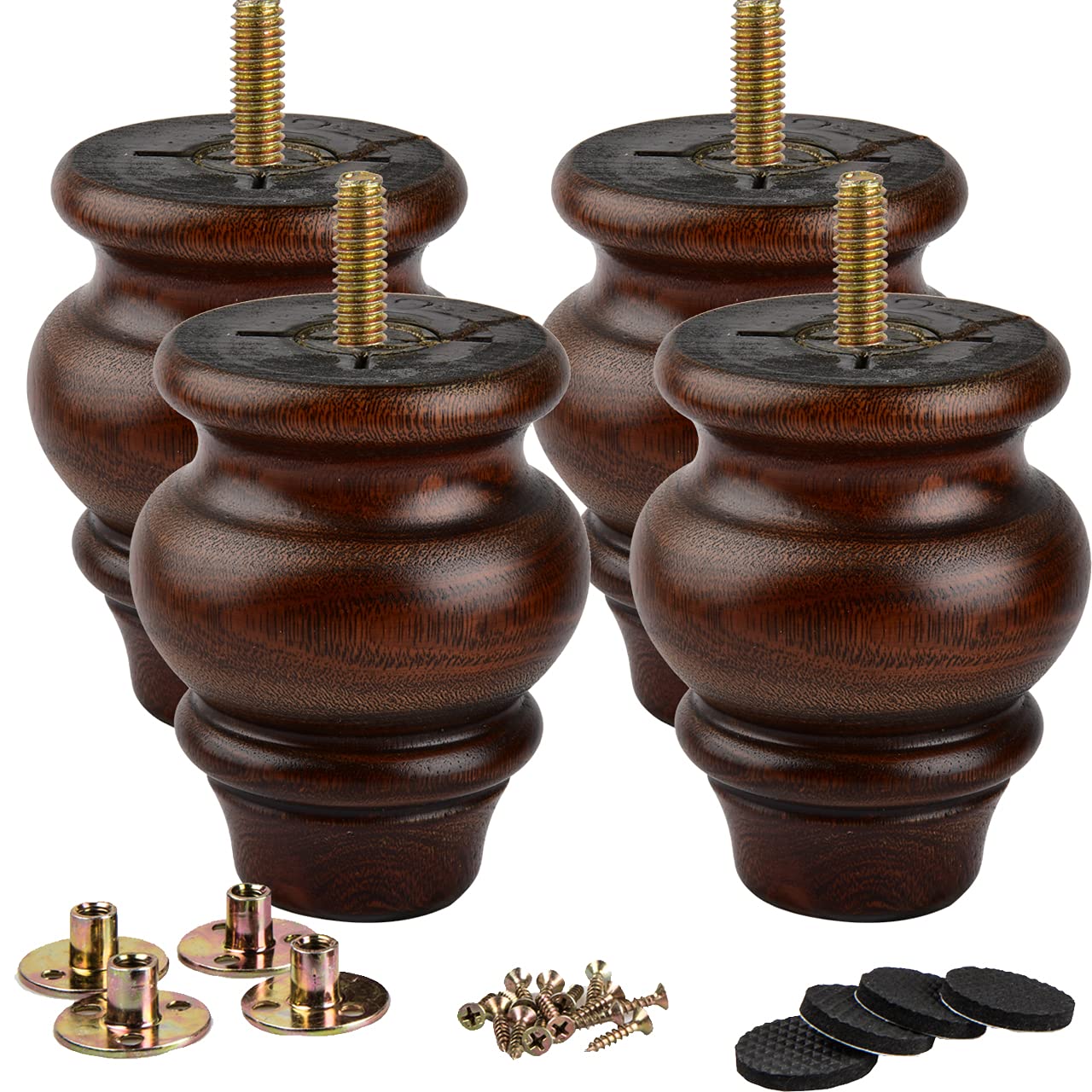 La Vane 3.5 Inch / 9cm Classic Bun Feet, 4PCS Solid Wood Furniture Legs with M8 Bolt & Mounting Plates, Small Size for Sofa Couch Bed Ottoman Kitchen Cabinet Toe Kick (Glaze)