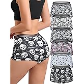 Morvia Gothic Halloween Print Boyshorts Underwear, 6 Pack, High Waist Contrast Elastic Band, Black Red Skull Spooky Patterns