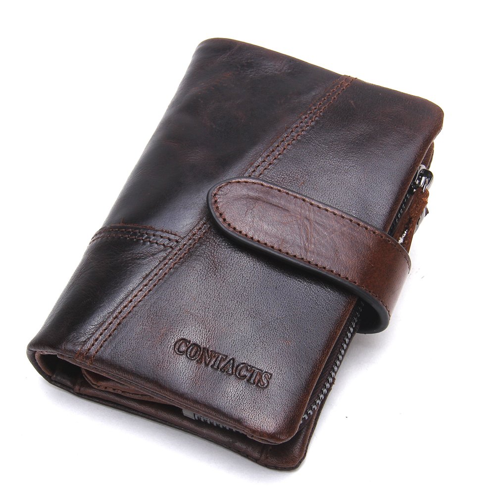CONTACTS Mens Genuine Leather Trifold Wallet Card Holder Zipper Coin Bifold Short Purse Vintage (Dark Brown)
