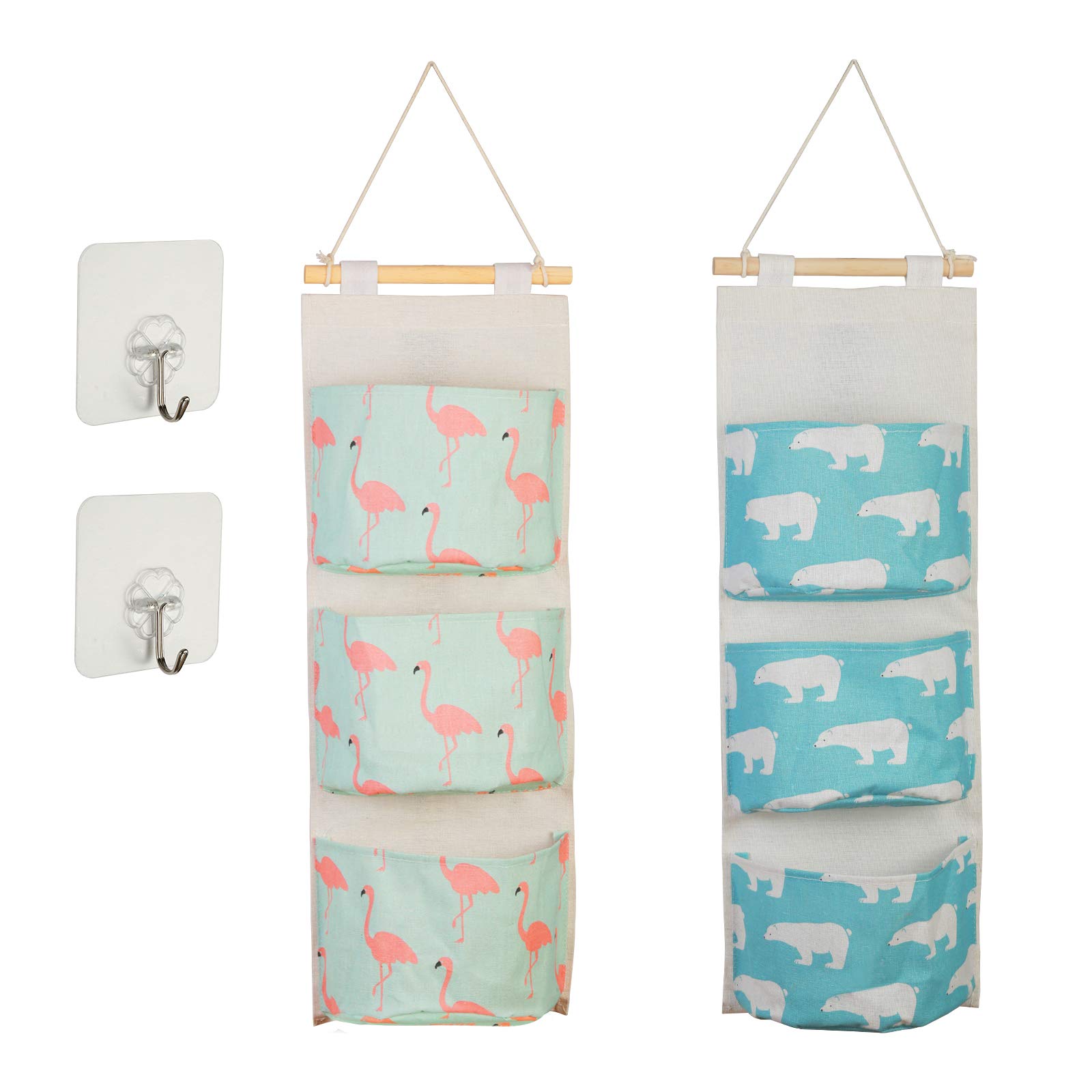 LANMOK 2 Pcs Hanging Storage Bags Case Cotton Closet Organizer Over The Door Wall Baskets with 3 Pockets 2 Pcs Self Adhesive Hooks for Kitchen Bedroom Bathroom Office