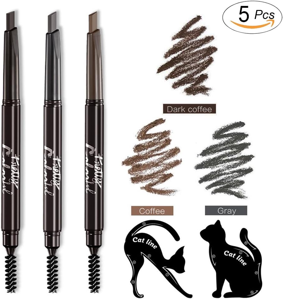 Waterproof Drawing Eye Brow Eyebrow Pencils with Brow Brush, 3 Colors Eyebrow Pencil Set Drawing Automatic Eye Brow Long Lasting Sweat Proof Brown Grey 2 Eyebrow Stencils