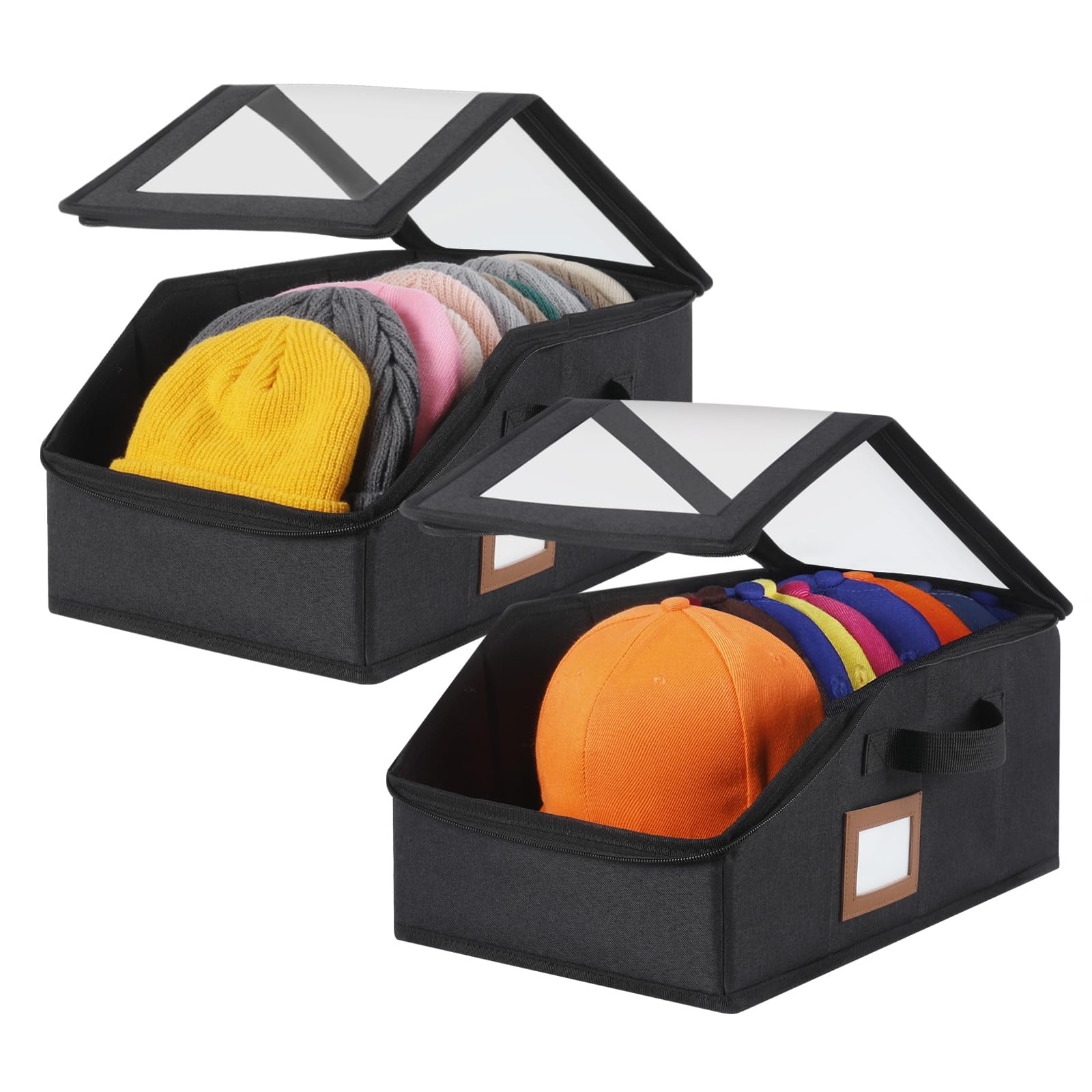 Photo 1 of 2 Pack Hat Storage for Baseball Caps-Holds Up to 28 Caps, Hat Organizer for Closet Stackable Hat Box with Cardboard, Dust-proof Beanie organizer with 2 Handles for Home Travel (Black, 2Pack-Small)