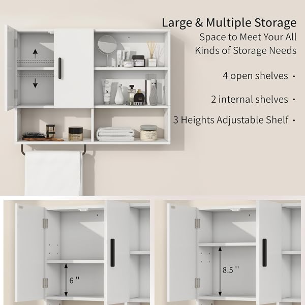 VAVKORKULA MEDICINE CABINET, WOODEN BATHROOM WALL CABINET WITH 2 DOORS, ADJUSTABLE SHELVES & TOWEL BAR, OVER TOILET STORAGE CABINET WALL MOUNTED FOR KITCHEN & LAUNDRY, WHITE