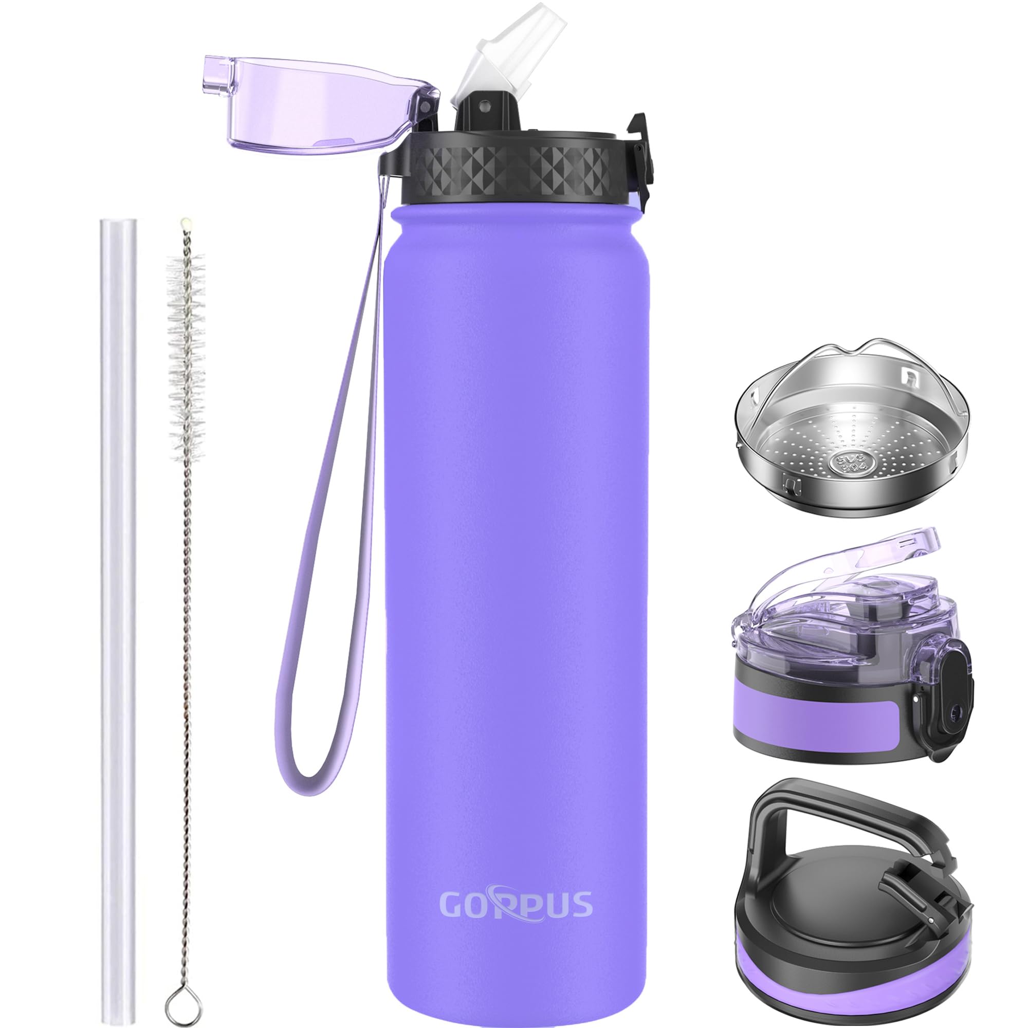 GOPPUS 1L/32oz Stainless Water Bottle with Straw Double Wall Insulated Bottles with Strap Reusable Vacuum Thermal Flask Leakproof Keep Cold Drinks Bottles with Flip Top Lid for Gym Men Women BPA Free