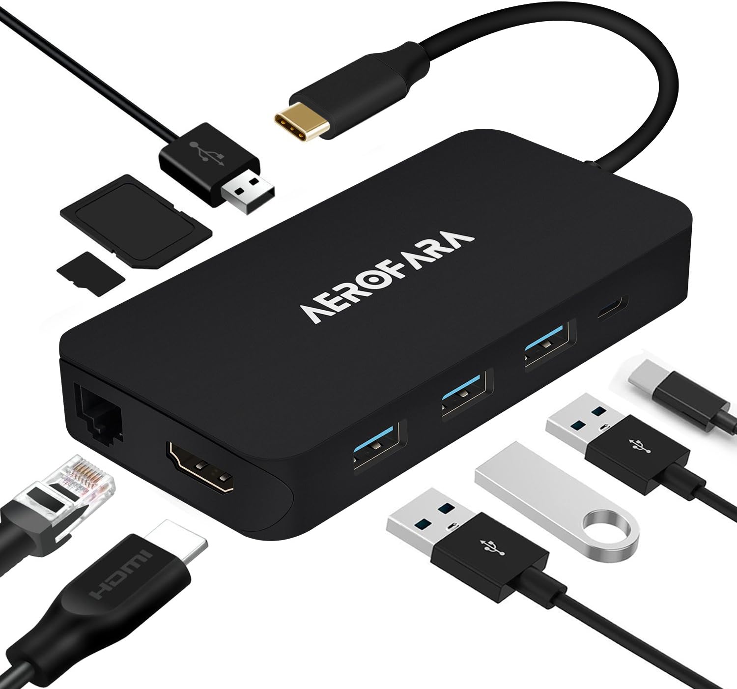 AEROFARA USB C Hub USB C Adapter Multiport with HDMI 4K,RJ45 Gigabit Ethernet, 4 USB 3.0, SD/TF Card Reader PD Charge for Macbook Pro,ChomeBook,HP Spectre X360 (Black)