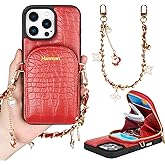 Hanman Leather Wallet Case with Wrist Strap for iPhone 16 Pro Max,RFID Blocking PU Leather Zipper Purse Case for iPhone 16 Pro Max,Crocodile Leather Wallet & Card Holder Case Red