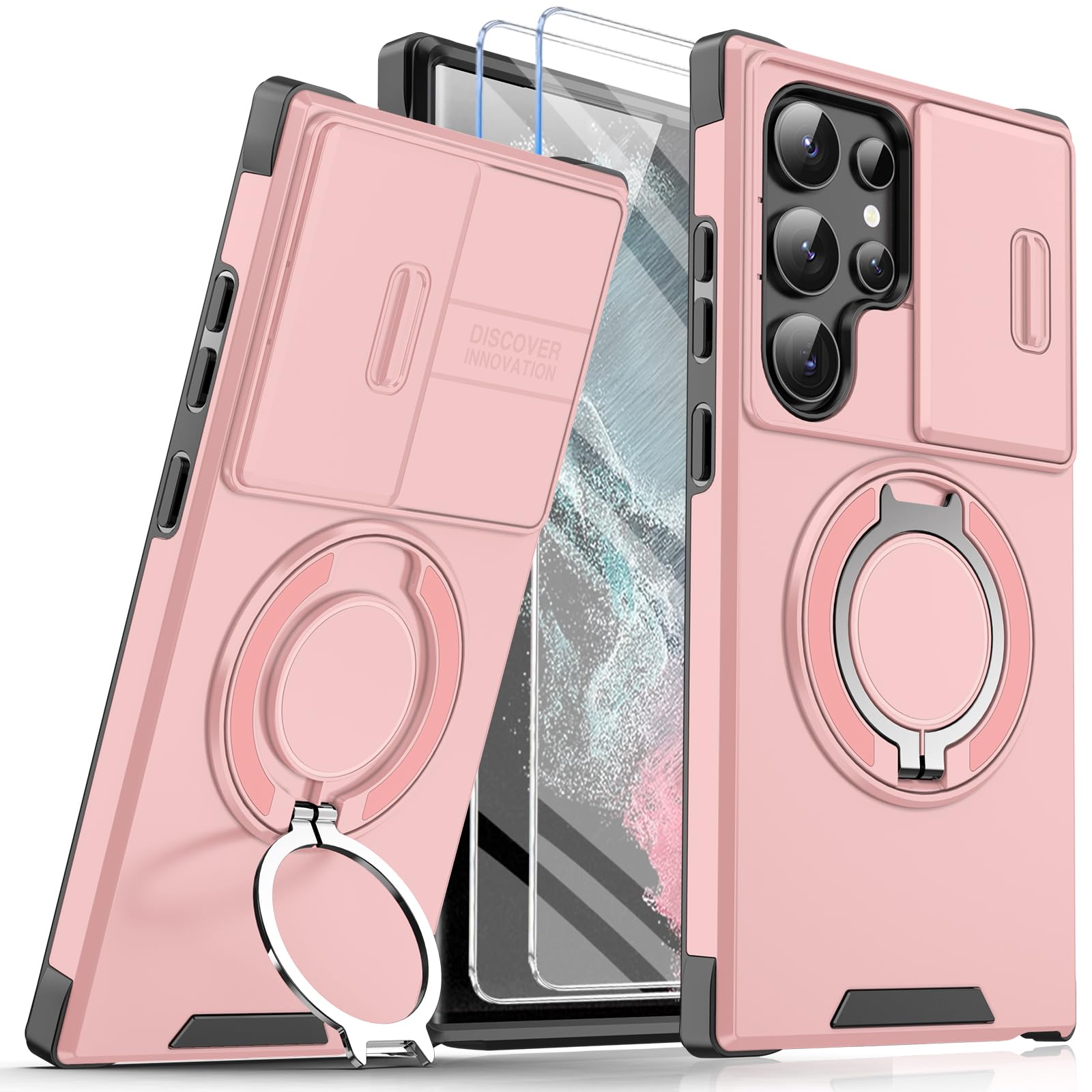 Giyer Heavy Duty Case for Samsung Galaxy S22 Ultra Case Military Grade Shockproof Rugged S22 Ultra 5G Phone Case for Samsung Galaxy S22 Ultra Protective Cover with Ring Magnetic Kickstand (Pink)