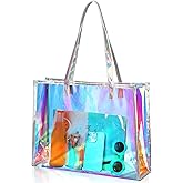 Aliceset Holographic Clear Tote Bag with Leather Handle Iridescent Bachelorette Beach Bag for Work Stadium Travel | with Leather Handle, Bachelorette, Beach Bag, for Work, Stadium, Travel