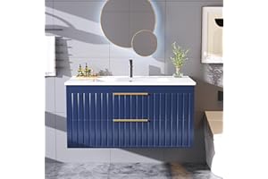 Buytime 36" Bathroom Vanity with Sink, Floating Vanity Bathroom Sink Cabinet Wall Mount, Soft-Close Function 2 Large Drawers, Grooved Stripe Design, Hidden Damping Drawers, Blue