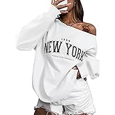 SOFIA'S CHOICE Women's Off Shoulder Sweatshirt Letter Graphic Oversized Long Sleeve Shirt Pullover