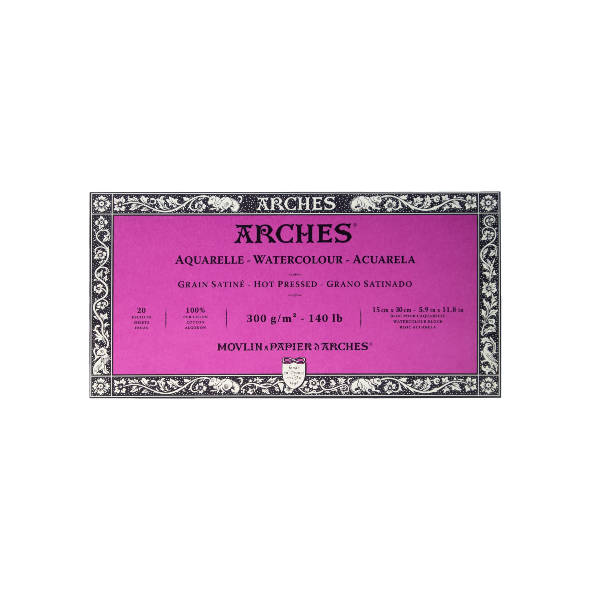 ARCHES Aquarelle Watercolour Paper on a Roll, Wood, White, Block 20 Blatt - 15 x 30cm