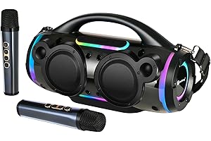 SUNYIN Karaoke Machine with Two Wireless Microphones 60W Portable Karaoke System for Adult/Kid Family Party Rechargeable Bluetooth Multiple LED Pattern Support TWS/Radio/AUX/REC