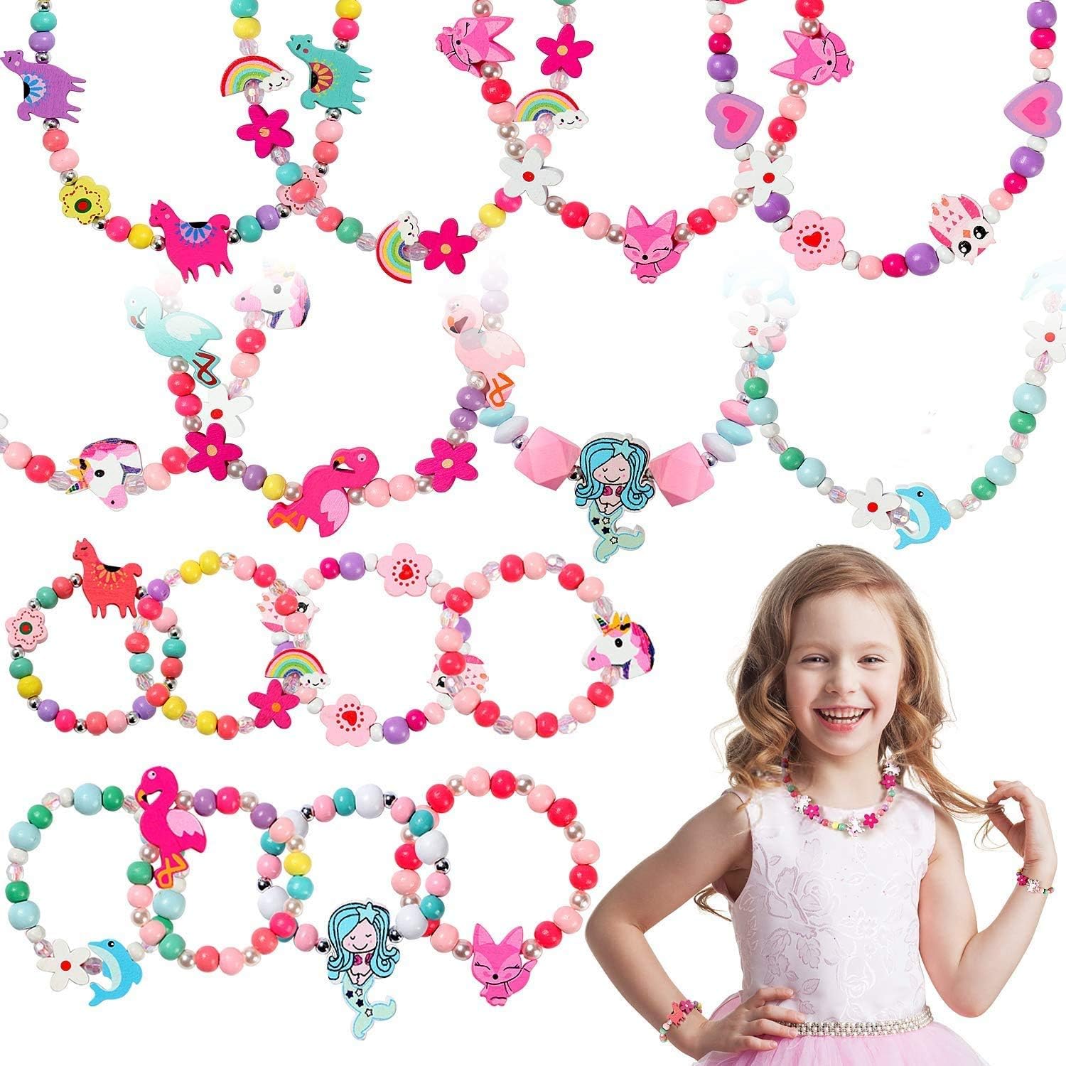 10 Sets Beaded Necklace and Bracelets for Girls Unicorn Mermaid Rainbow Animal Pendant Colorful Wooden Beads Princess Necklace Dress Up Pretend Play Jewelry Set Party Favor Gifts for Toddlers Kids: Clothing