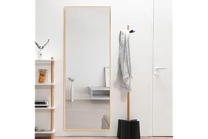 GlasFlength Full Length Floor Mirror with Stand 43"x16" Large Wall Mounted Full Body Mirror Horizontal/Vertical Bedroom Mirror Dressing Mirror Aluminum Alloy Frame Gold
