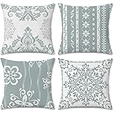 COZZSNUGE Boho Damask Throw Pillow Covers, Abstract Grey White Floral Modern Geometric Velvet Decorative Pillowcases for Sofa Bed Home Patio Set of 4, 18 x 18 Inches