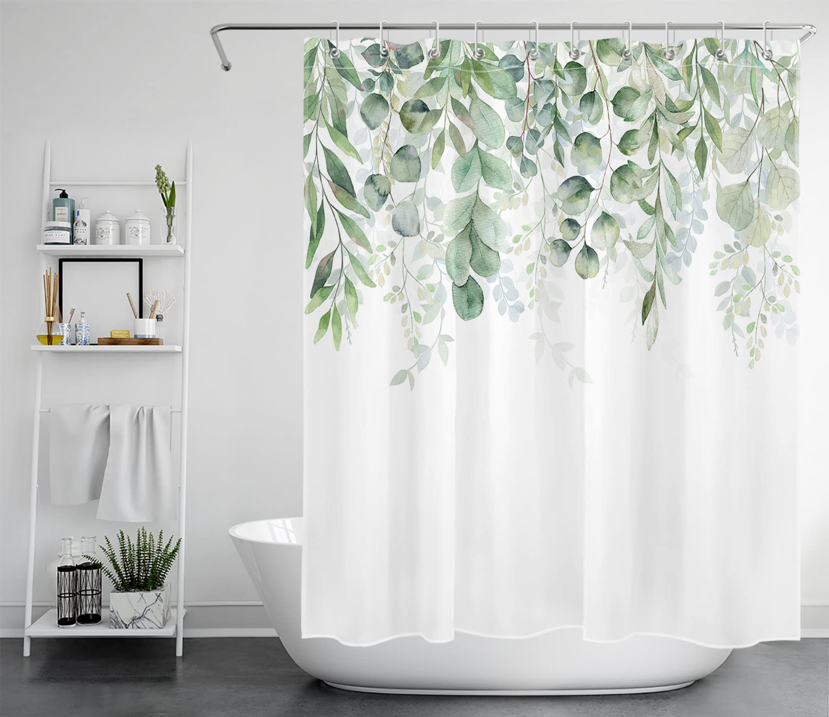 LB Sage Green Leaf Shower Curtain Eucalyptus Tree Bath Curtain Watercolor Plant White Polyester Anti Mould Waterproof Small Bathroom Curtains with Hooks,59x71 inches — image 1