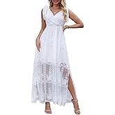 Women's V Neck Tie Strap Embroidered Lace Maxi Wedding Dress Boho Sleeveless V-Back Wedding Guest Party Dresses