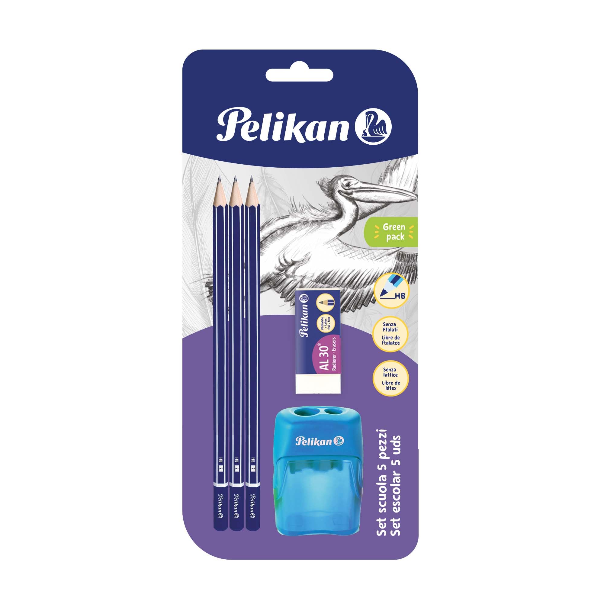 Pelikan - Graphite Pencils, FSC Certified Wood Wood Shaft Painted Hexagonal Section, Lead Resistant to Breakage 3 Pencils + Rubber + Sharpener