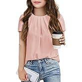 Girls Shirts Summer Short Sleeve Cute Tops Chiffon Pleated Blouses 5-14 Years