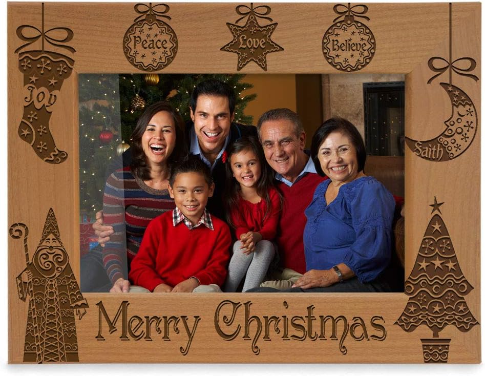 KATE POSH - Vintage Merry Christmas Picture Frame - Peace, Joy, Love, Believe, Faith Engraved Natural Wood Photo Frame for Family, Grandparents, Friends, Parents (4x6-Horizontal)