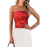 MASCOMODA Women Floral Tube Top Summer 2025 Cute Strapless Crop Mesh Going Out Tops Y2K Ruched Bandeau Beach Vacation Clothes