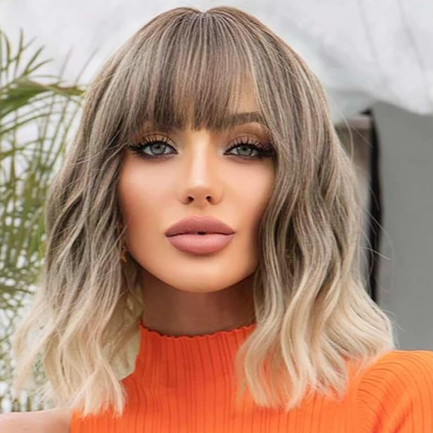 Photo 1 of ATAYEA Brown Wig with Bangs Short Wavy Wigs for Women Honey Blonde Curly Shoulder Length Bob Wig Synthetic fiber Wigs for Daily Party Use?14 Inch