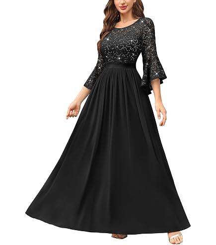 long black lace dress with bell sleeves MISSMAY Women's Formal Chiffon Sleeve Wedding Party (XX-Large, Navy Blue) : Clothing, Shoes & Jewelry Week of 5/25/26 this maxi dress features Black Tie Beautiful Formal Size:XL/ US 12