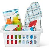 Melissa &amp; Doug Laundry Basket Play Set with Wooden Iron, Ironing Board, and Accessories (14 Pcs) Pretend Play Laundry Set for Kids with Iron
