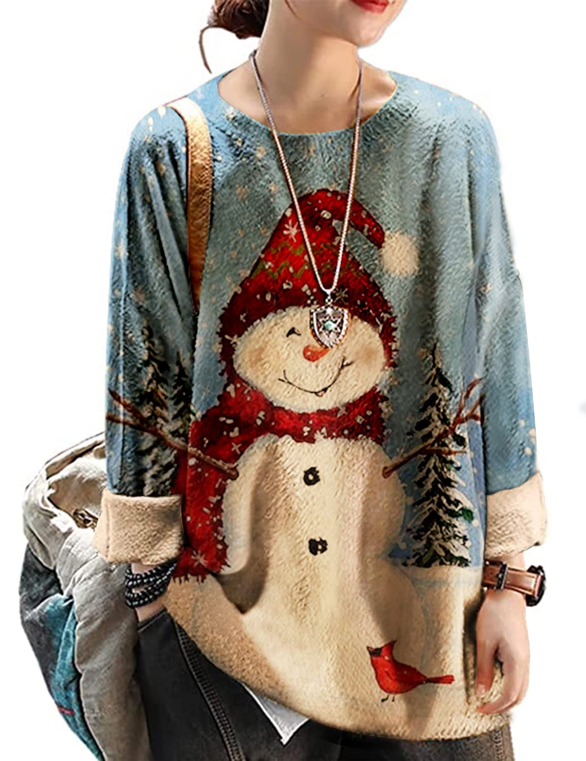 YESNO Women Christmas Sweater Graphic Printed Oversized Pullover Sweaters Casual Loose Knit Tops S01