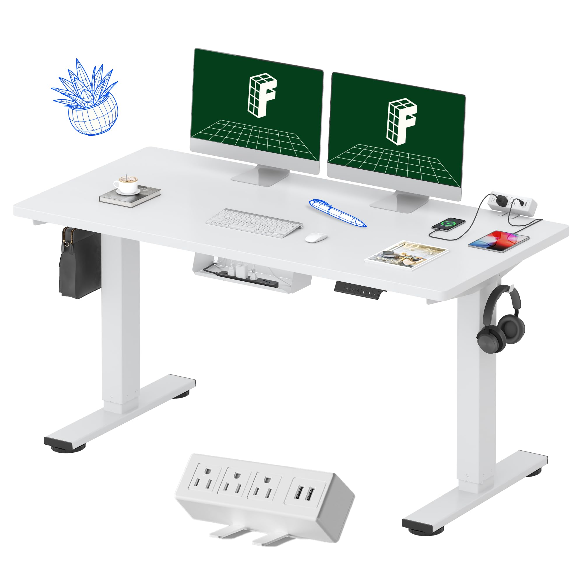FLEXISPOT EN2 Whole-Piece Standing Desk with Clamp Power Strip, 55 x 28 Electric Stand Up Height Adjustable Desk with Cable Management (White Frame + 55