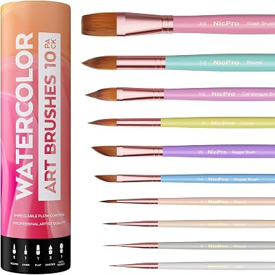 Nicpro 10Pcs Watercolor Brushes Set Cat Tongue Liner Dagger Wash with Holder