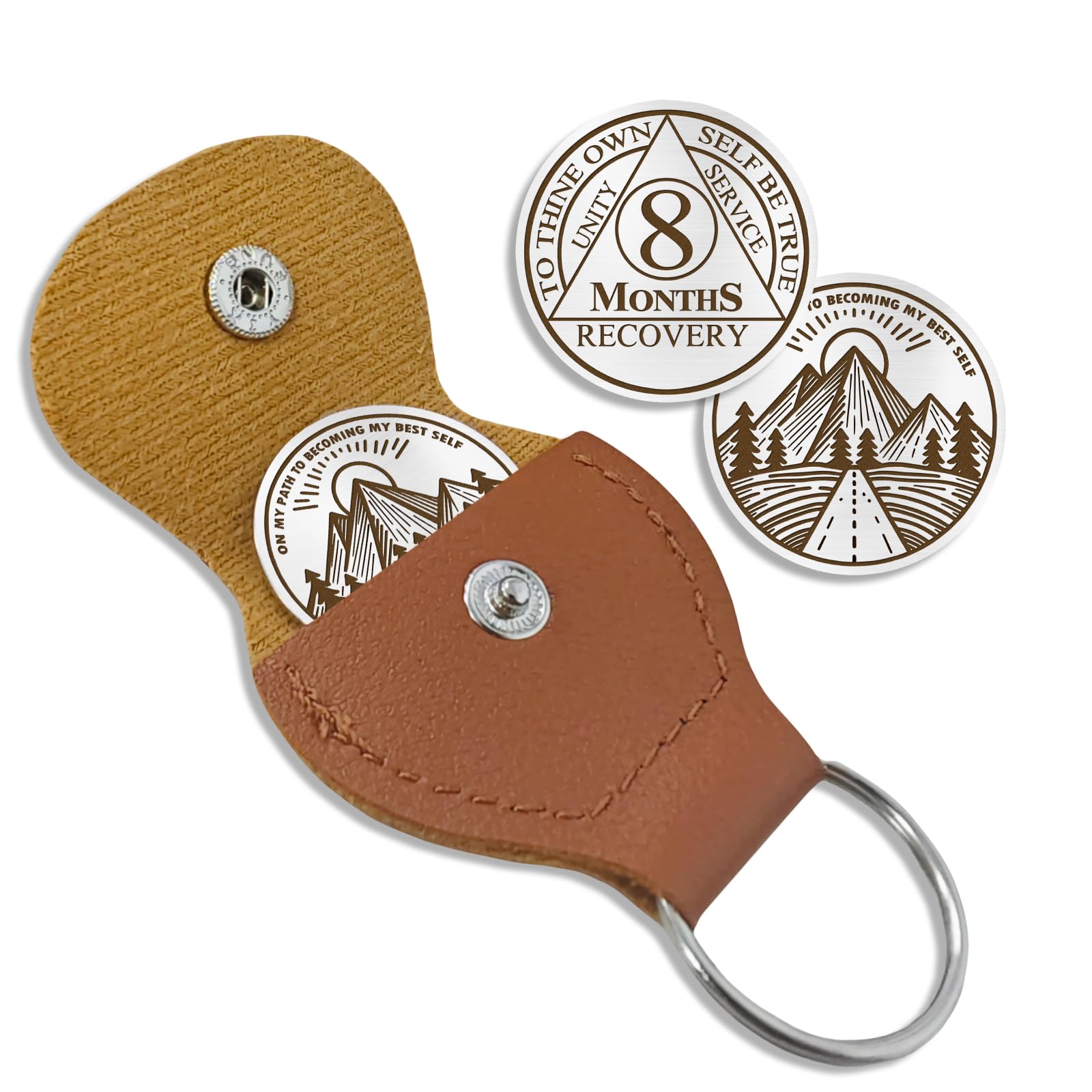 8 Months Sobriety Coin to Thine Own Self be True AA Chips and Medallions with PU Leather Keychain Sobriety Gifts for Celebrating Alcoholics Anonymous Recovery Sobriety Gifts for Men Women