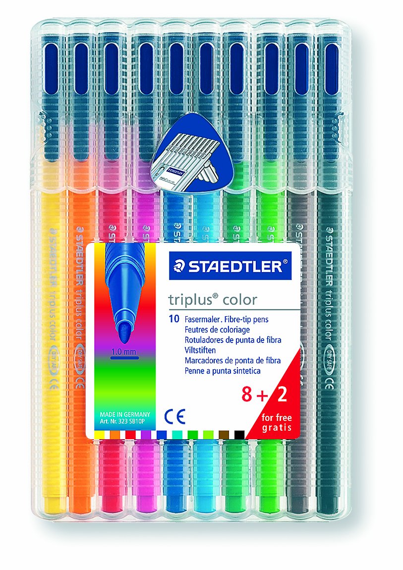 Staedtler 323SB10P Triplus Color Fibre-Tip Pens 8+2 Stand-Up Box