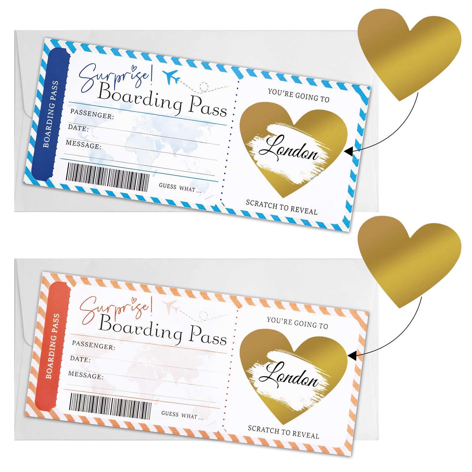 2 PCS Scratch Card Reveal Holiday Surprise Personalised Boarding Pass Scratch Card with Envelope and heart Scratch Card Stickers, Where We Are Going on Holiday Boarding Pass Surprise Trip Reveal
