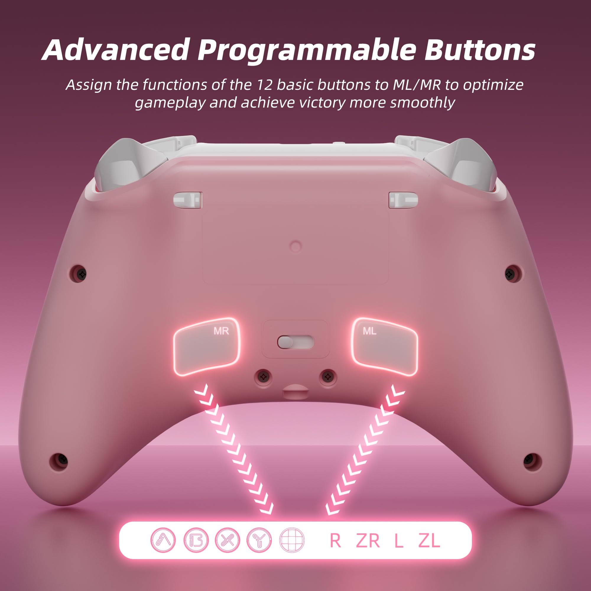 Mytrix Wireless Pro Controller with Charging Dock, Controllers for Nintendo Switch/PC/Steam/iPad/Mac/Tablet/Laptop, with RGB Light/Macro Keys/Turbo Button/4 Joystick Replacements, Sakura Pink