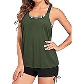 Two Piece Tankini with Shorts - Mesh Swim Tops with Boy Shorts Tummy Control Swimsuits Sporty Bathing Suits Flowy Swimwear