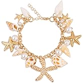 Gikool Bohemian Mermaid-Inspired Shell Bracelet for Women, Gold Starfish Conch Pearl Charm Bracelet, Adjustable Ocean Beach Jewelry, Seashell Accessories, Summer Gift for Mermaid Costume & Daily Wear