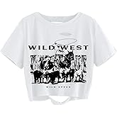 Avanova Women Sun Moon Graphic Distressed Crop Top Oversized Short Sleeve Ripped Tee Shirt